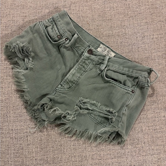 Free People Pants - Free People Green Distressed Denim Shorts – Mid Rise – Raw Hem